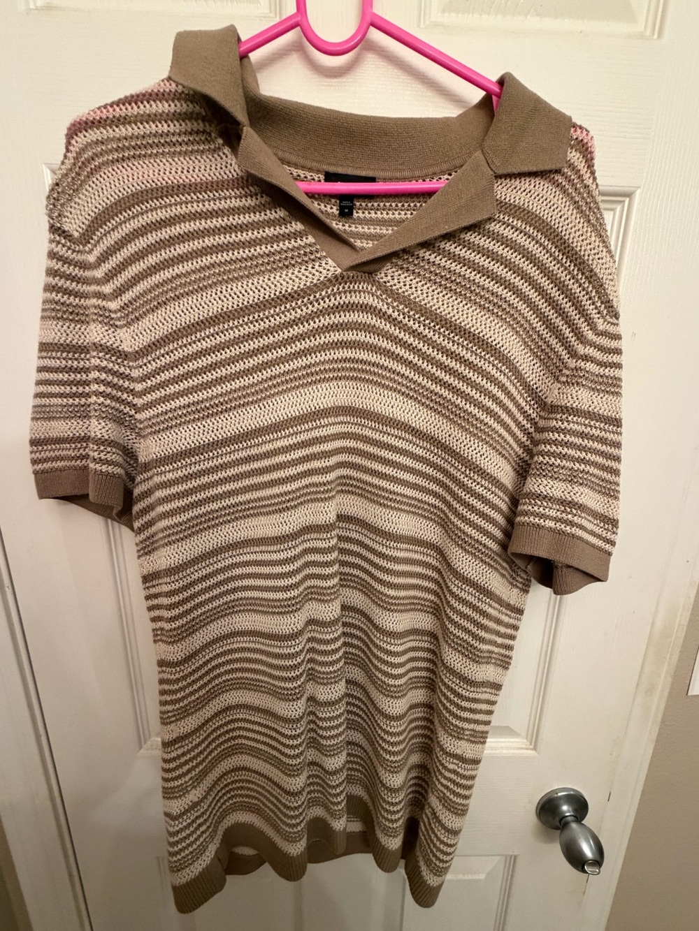 Express Cream and Tan Striped Knit Polo